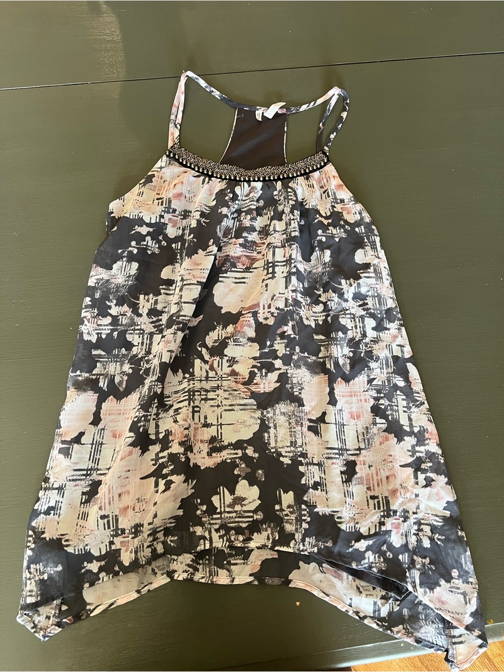 Studio Y Black Floral Halter Camisole with Beaded Neckline